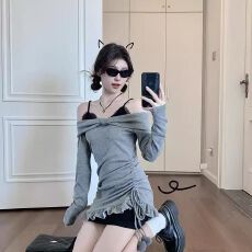 批发辣妹蕾丝吊带连衣裙短裙女2026秋新款一字肩叠穿针织上衣性感套装