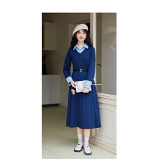 批发秋冬学院风假两件长袖连衣裙女2025新款秋季小个子气质收腰衬衫裙