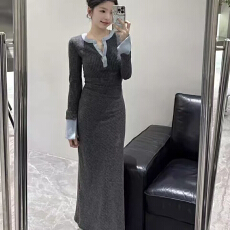 批发辣妹高腰拼接蓝色长排纽扣圆领a字裙秋冬季纯欲风灰色长袖<b class='q'>连衣</b>裙