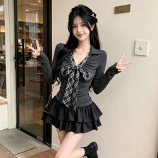批发甜美学院风<b class='q'>长袖</b>辣妹T恤女秋季显瘦v领上衣洋气半身短<b class='q'>裙</b>两件套装