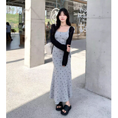 批发休闲风吊带蝴蝶结连衣<b class='q'>裙</b>夏套装收腰少女风修身气质长<b class='q'>裙</b>