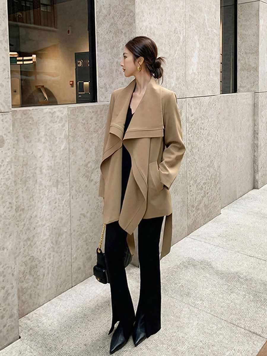 RY8177# 复古优雅气质翻领荷叶边系带短款风衣女2026秋新款小个子正肩外套