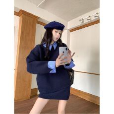 批发都市休闲针织套装女2026秋冬<b class='q'>新款</b>条纹衬衫领拼接上衣<b class='q'>半身裙</b>两件套
