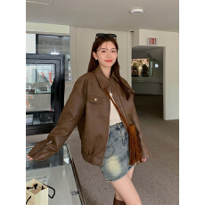 批发美式复古棕色<b class='q'>皮衣</b>外套女2026秋季新款小个子高级感pu皮机车夹克