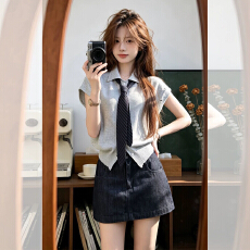 批发学院风<b class='q'>套装</b>翻领针织短袖T恤女夏季<b class='q'>牛仔</b>半身裙高腰短裙时尚两件套