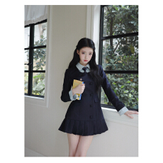 批发漫高艺术生 韩式假两件翻领收腰西装高腰<b class='q'>百褶</b><b class='q'>连衣裙</b>女