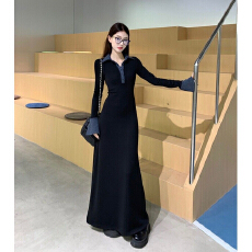 黑色高级感气质翻领长袖连衣裙女冬季新款收腰修身显瘦荷叶边长裙