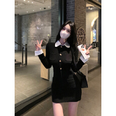批发黑色假两件针织连衣裙子女收腰气质高级感修身包臀衬衫短裙早秋季