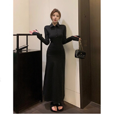 批发法式气质<b class='q'>黑色</b>长袖衬衫连衣裙女高级感御姐修身显瘦打底包臀裙<b class='q'>长裙</b>