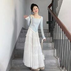 批发法式纯欲温柔不规则假两件<b class='q'>T</b><b class='q'>恤</b>上衣女气质白色半身裙蛋糕裙秋冬季