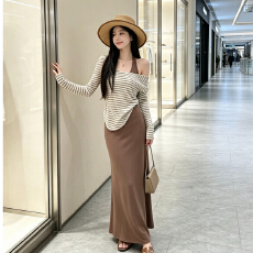 批发复古独特别致条纹罩衫挂脖吊带<b class='q'>连衣裙</b>两件套性感风包臀<b class='q'>露背</b>裙