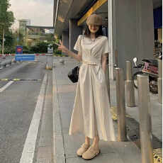 批发法式灰色高级感绑带收腰短袖连衣裙女2026夏季气质通勤圆领<b class='q'>长裙</b>