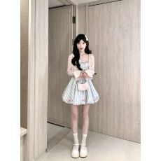 批发清纯甜美风蝴蝶结格子吊带裙两件<b class='q'>套装</b>掐腰花苞连衣裙蓬蓬裙公主裙