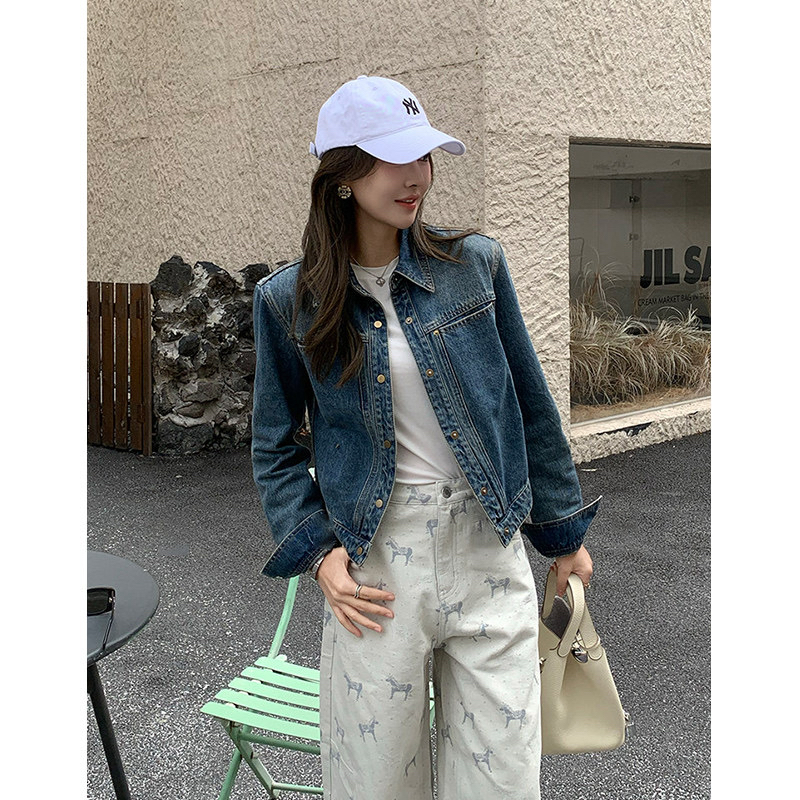 BY35136# 早春短款牛仔外套女士新款韩版小个子设计感高端精致夹克上衣 服裝批發女裝批發服飾貨源
