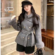 批发法式气质中长款呢子大衣<b class='q'>女装</b>秋冬设计感别致毛袖气质休闲风衣外套