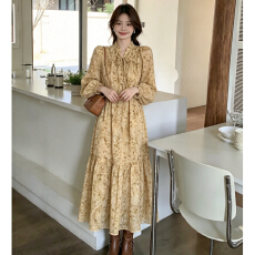 批发韩系复古碎花<b class='q'>连衣裙</b>女立领系带泡泡长袖高腰大摆蛋糕长裙