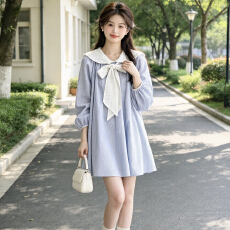 批发韩系蓝白条纹娃娃裙女刺绣大翻领蝴蝶结泡泡长袖宽松短<b class='q'>连衣裙</b>