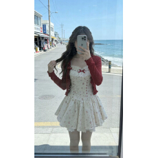 批发甜辣风蕾丝边碎花背心连衣裙套装女<b class='q'>春</b>夏樱桃长袖开衫辣妹收腰短裙
