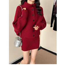 批发2026新款圣诞新年红色针织毛衣连衣裙子女秋<b class='q'>冬</b>季韩系穿搭套装短裙