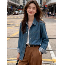 批发港味水洗牛仔外套女<b class='q'>春</b>秋新款翻领长袖拼接格纹小个子百搭时尚