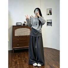 批发秋<b class='q'>冬</b>新款早秋松弛感女休闲条纹长袖T恤屁帘高腰阔腿裤