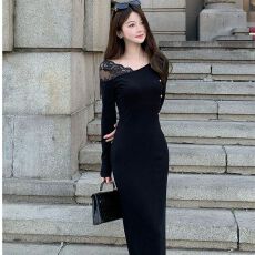 批发法式高级感御姐蕾丝拼接<b class='q'>长袖</b>连衣裙女2026新款修身显瘦设计感长裙