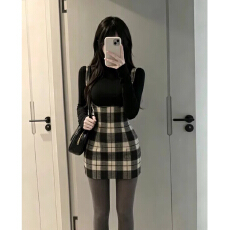 批发毛呢面料有拉链格子吊带连衣裙女秋季包臀裙子<b class='q'>长袖</b>上衣两件套装