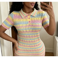 批发非洲风马卡龙条纹Polo领收腰针织短袖上衣