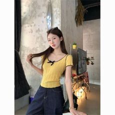 批发美式撞色针织短袖t恤女夏季2026新款设计短款正肩修身针织上衣