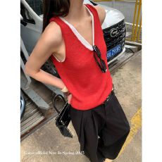 批发假两件V领针织背心女夏季<b class='q'>新款</b>内搭外穿小众设计感无袖上衣ins