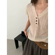 批发翻领麻花纹针织短袖t恤女夏季新款简约<b class='q'>时尚</b>显瘦薄款小衫