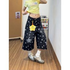 批发美式复古小众满印星星贴布<b class='q'>七分裤</b>2026夏季情侣宽松阔腿牛仔中裤子