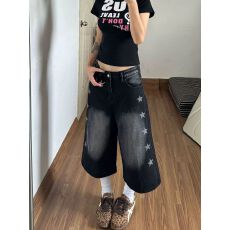 批发美式复古星星印花黑色牛仔<b class='q'>七分裤</b>裤子<b class='q'>女</b>款2026夏季新款宽松短裤