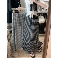 批发原版色织条面料 黑色条纹抽绳松紧腰<b class='q'>半身</b>裙女叉<b class='q'>包臀</b>裙子a字<b class='q'>长裙</b>