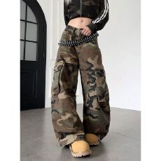 批发<b class='q'>欧美</b>复古迷彩高街宽松直筒大口袋潮牌百搭工装裤男女高腰显瘦裤子