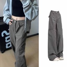 批发美式复古灰色工装牛仔裤女春秋新款宽松显瘦直筒设计感阔腿长裤潮