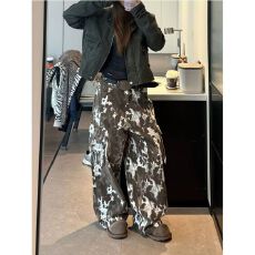 批发美式复古街头水洗豹纹工装风牛仔裤男<b class='q'>女</b>宽松直筒阔腿休闲<b class='q'>长裤</b>