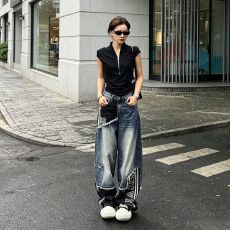 批发美式高街复古三道杠阔腿大直筒<b class='q'>牛仔裤</b>男妇潮牌宽松痞帅拖地长裤