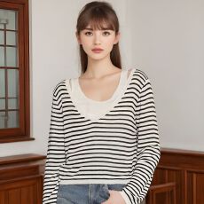 批发【两件套】春<b class='q'>秋</b>韩系条纹宽松短罩衫搭背心套装毛衣女式辣妹针织衫