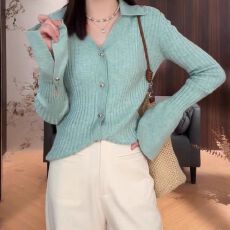 批发2025<b class='q'>秋</b>新款薄荷曼波针织衫涤纶修身翻领复古气质上衣