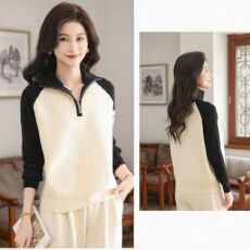 批发半拉链大码毛衣女<b class='q'>秋</b>冬宽松撞色洋气百搭套头新中式高领针织打底衫