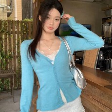 批发天蓝色韩版V领<b class='q'>薄</b>款针织<b class='q'>开衫</b>短外套女春夏季爆款修身休闲外穿上衣