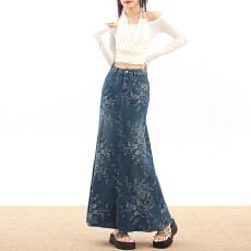 批发蓝色印花牛仔半身裙女夏薄款2026新款超好看独特漂亮半裙高腰长裙