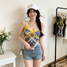 批发Y2K夏复古格纹蕾丝<b class='q'>吊带</b>背心女纯欲收腰显瘦短款辣妹内搭<b class='q'>打底</b>上衣