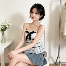 批发夏韩系褶皱蝴蝶结抹胸女纯欲风修身短款雪纺裹胸辣妹<b class='q'>百搭</b>上衣美背