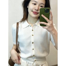 批发法式正肩Polo领白色针织开衫短袖T恤女夏季设计感修身冰丝上衣短