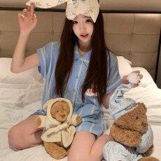 批发美欣—爆款蓝色条纹卡通连体<b class='q'>睡衣</b>女夏季短袖云朵棉<b class='q'>可爱</b>学生家居服