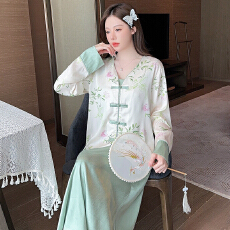 批发YMX-新中式睡衣女冰丝春季长袖宽松阔裤裙复古国<b class='q'>秋</b>风家居服套装