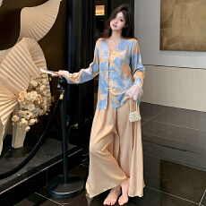 批发YMX-新中式睡衣女冰丝<b class='q'>春</b>季长袖宽松阔裤裙复古国秋风家居服套装