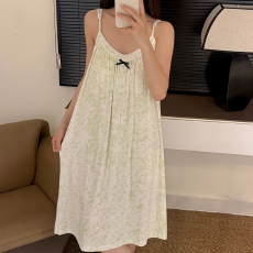 直播爆款，夏季带胸垫凉感莱赛尔吊带睡裙水墨印花宽松中长裙睡衣